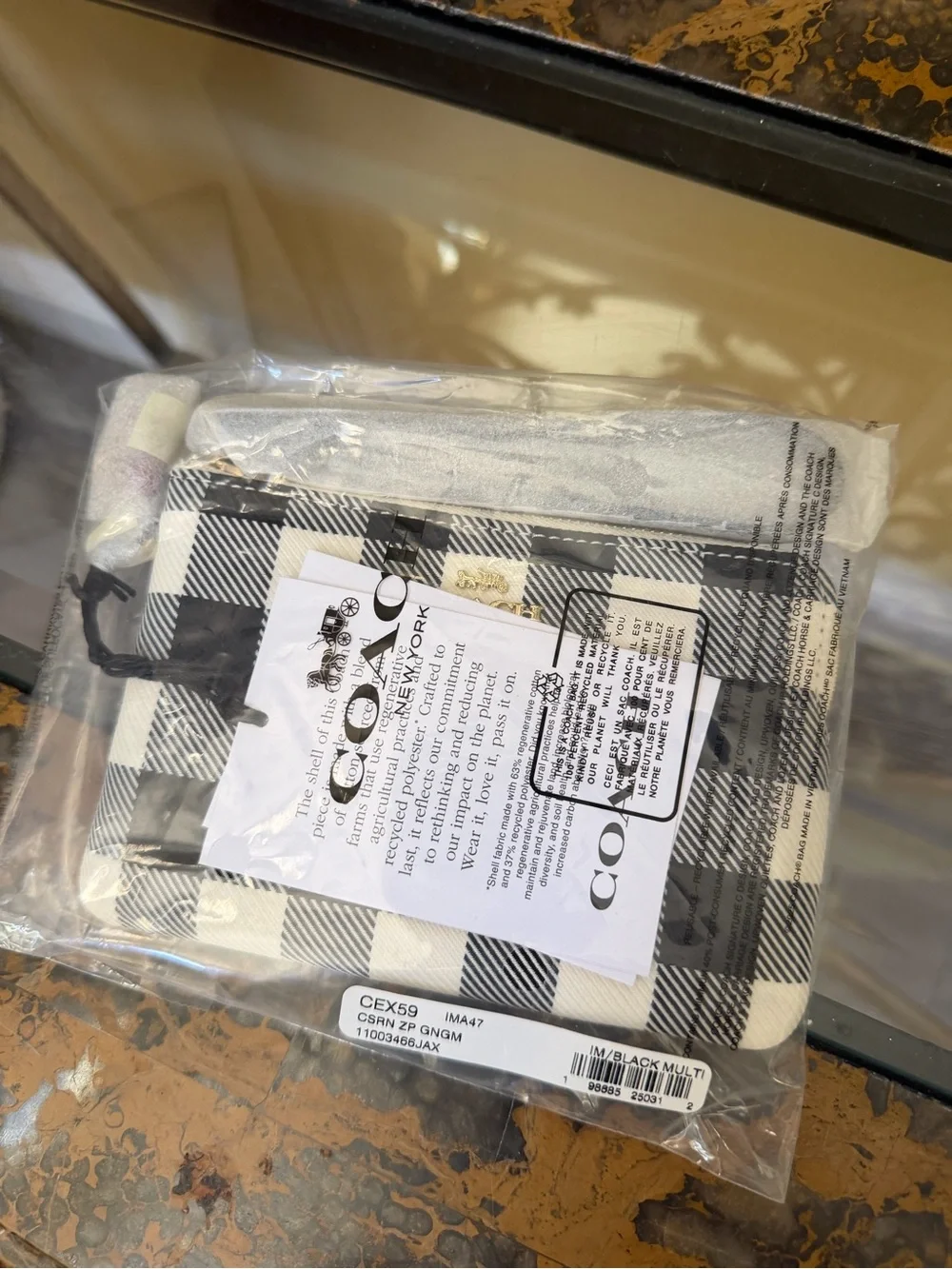 Coach Black & White Gingham Zip Wristlet with Cherry Charm